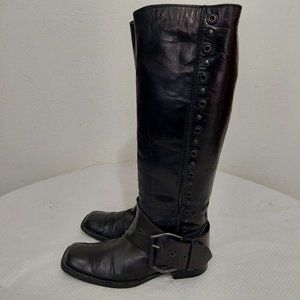 BOTTEGA VENETA Black Leather Combat Motorcycle Knee High Riding Boots Sz 38 / 8